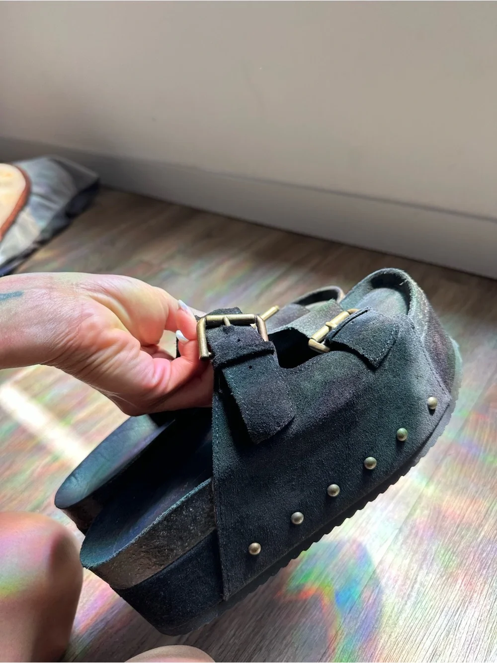 INTENTIONALLY BLANK Black Suede Double Buckle Platform Sandals - Picture 4 of 8